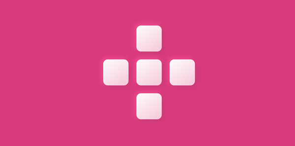 Pink background, a cross-like figure in the foreground constructed from 5 white squares.