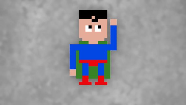 Pixelated super hero figure wit a green cape on grey background.