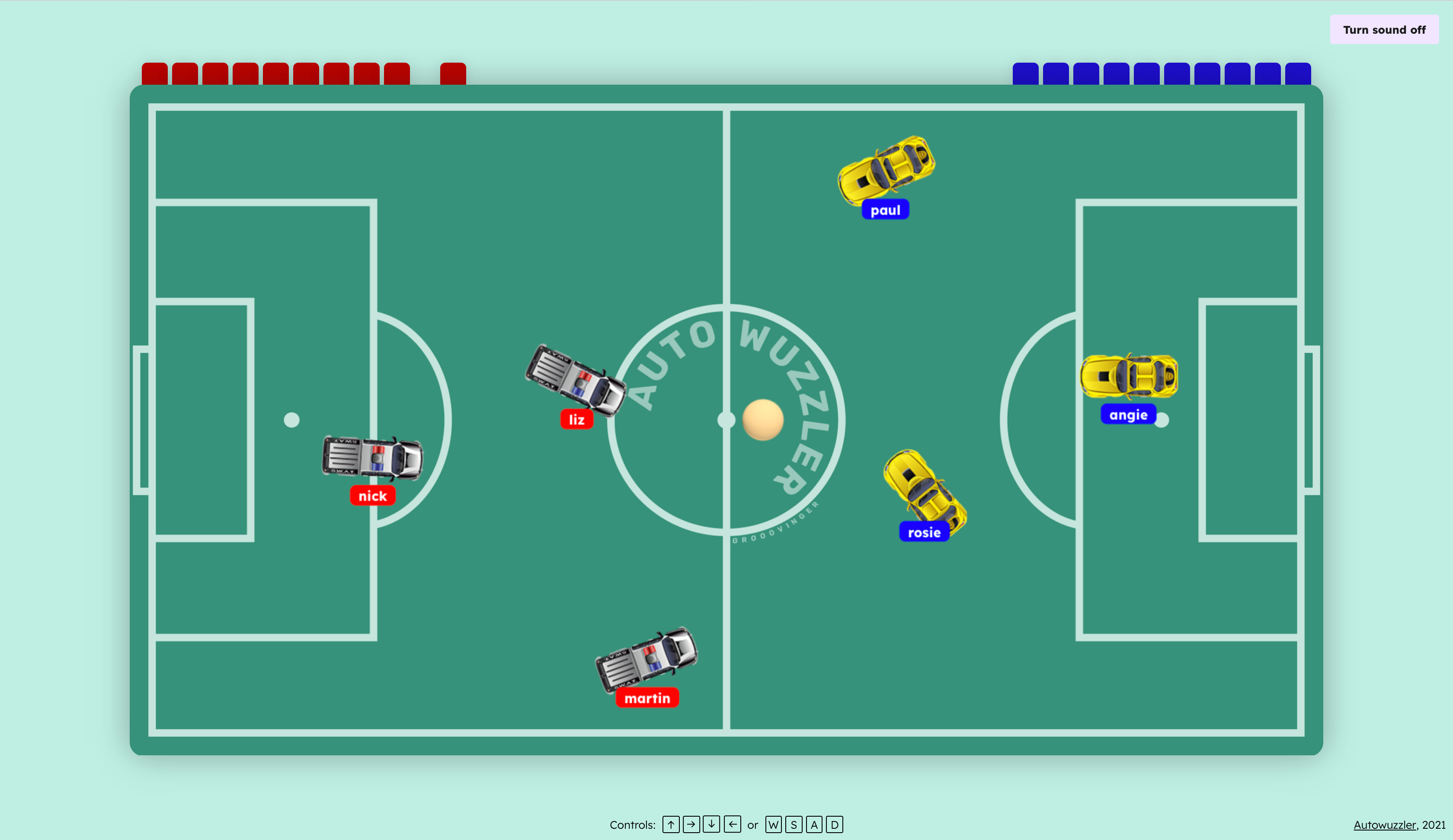 Screenshot of the game autowuzzler with 6 players as toy cars