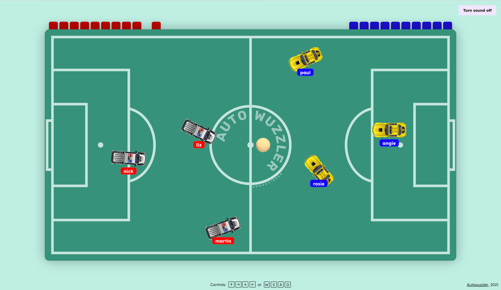 Top down view of a virtual foosball field with 6 toy cars.