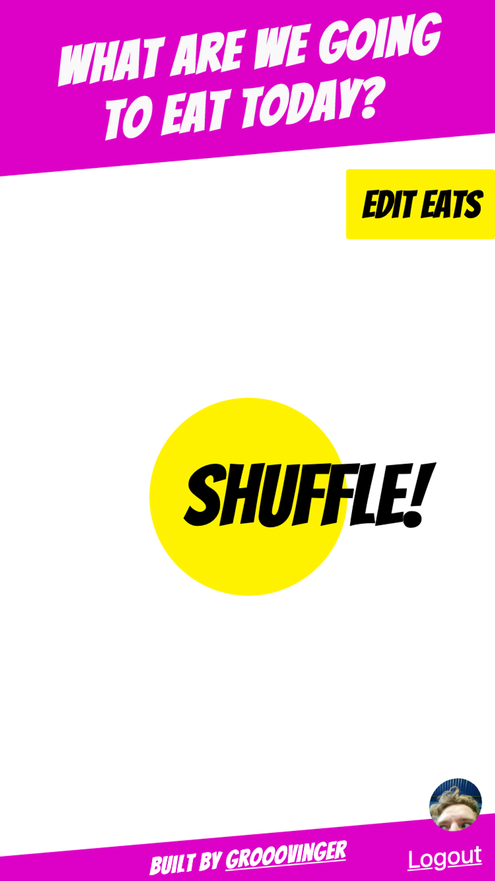 yellow circle on white background. black text reads Shuffle!
