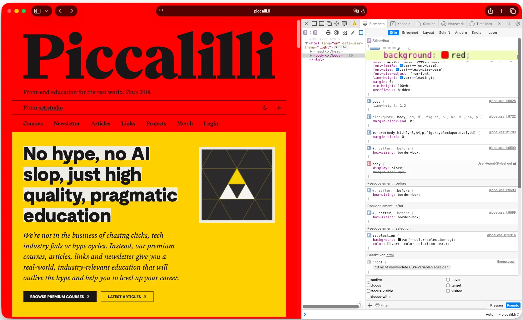 screenshot of the piccalilli homepage, this time with red background and red safari