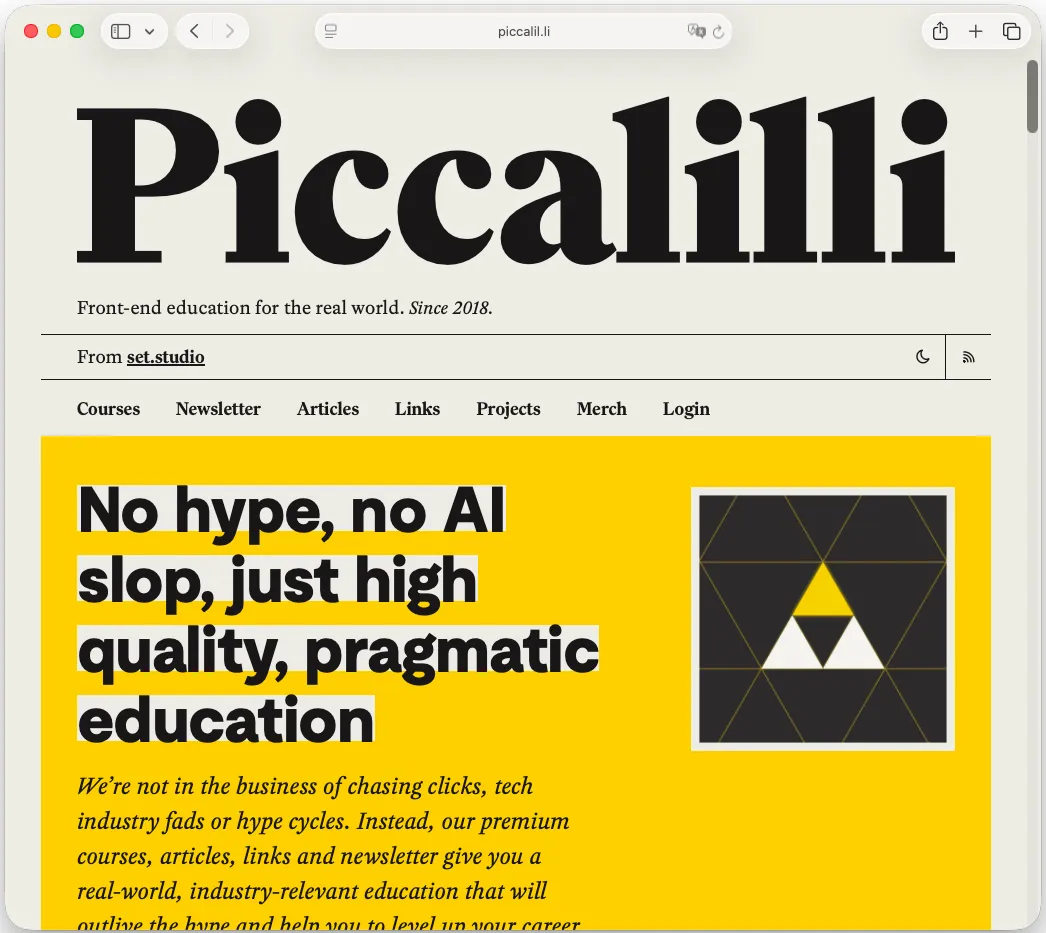 screenshot of the piccalilli homepage, Safari shows a solid sand header