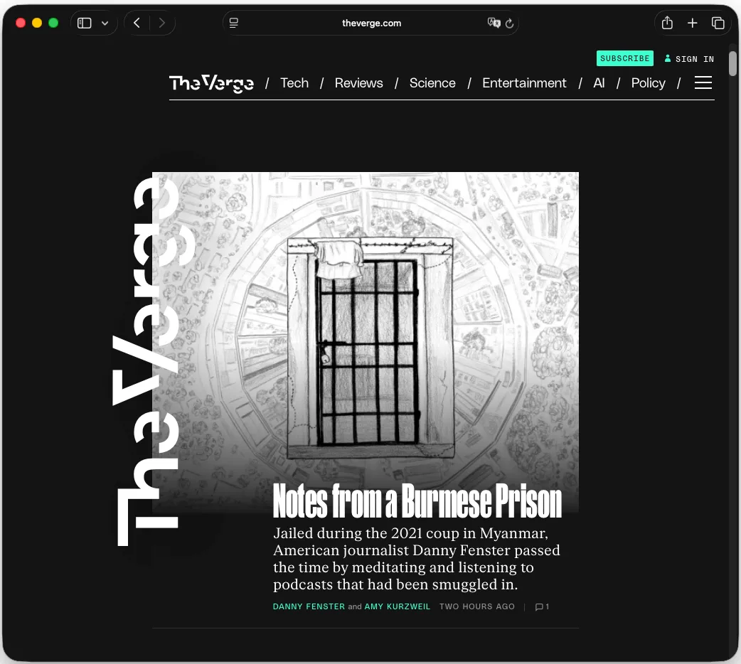 screenshot of the verge homepage, Safari shows a solid black header