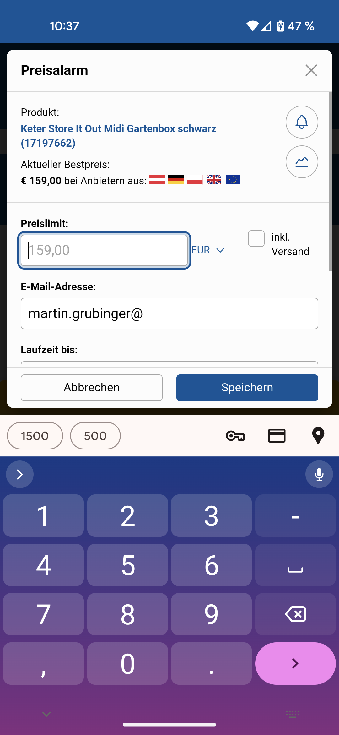 Screenshot of mobile Geizhals.at website. Buttons of the pricealert modal are overlayed by virtual keyboard.